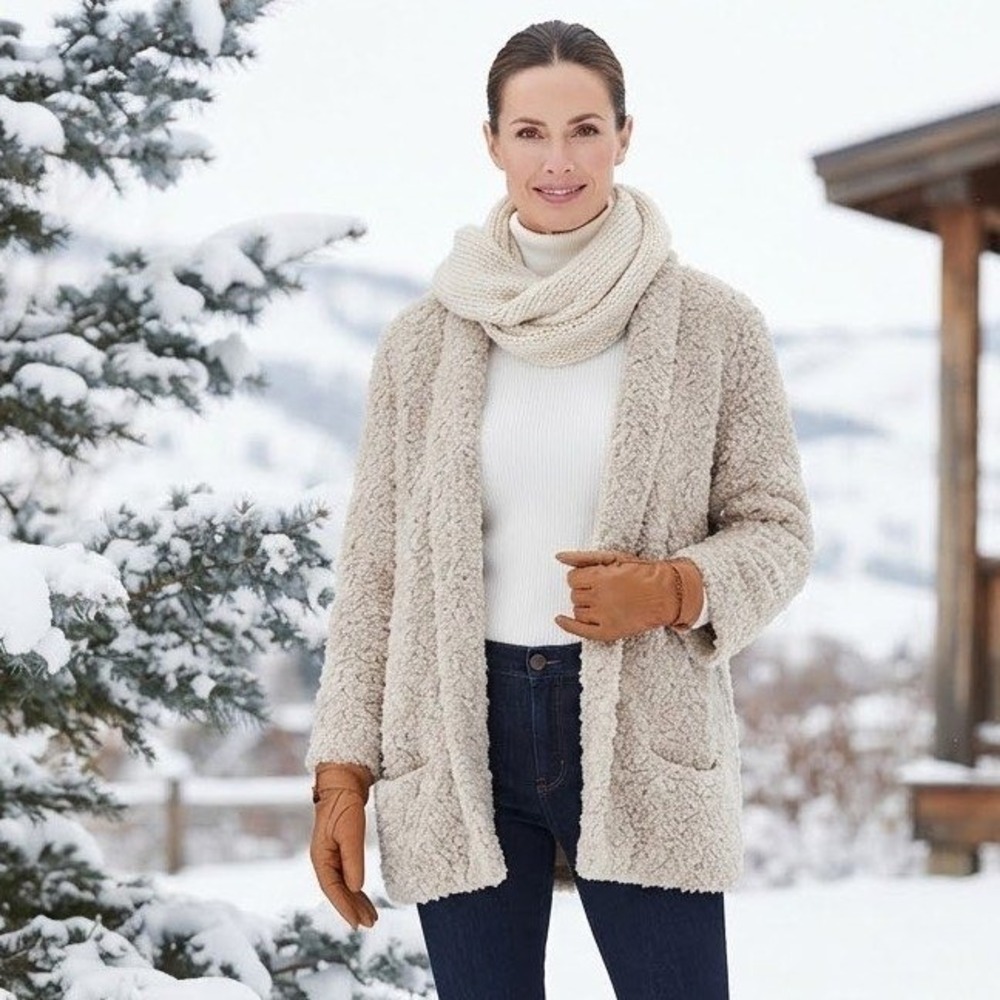Boucle Wool Blend Coat Womens Large Beige Open Front Quiet Luxury Neutral Jacket